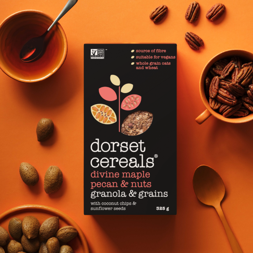 A crunchy blend of cereal flakes and seeds with maple caramelized pecans and whole almonds